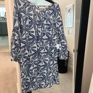 Blue and White 3/4 Sleeve Boxy Swim Coverup